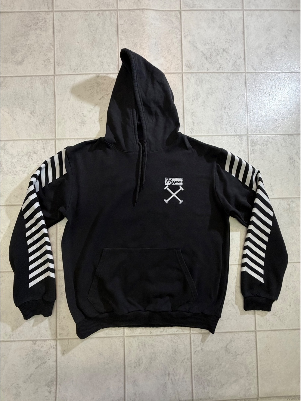 Fresh Laundry Black Hoodie with Striped Sleeves and Graphic Back - Size L